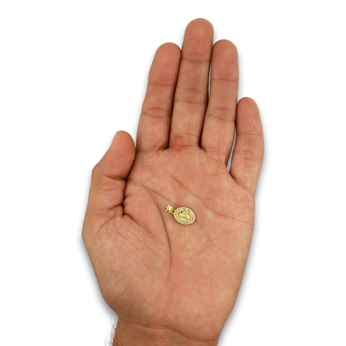 LPDJAU001 Dije Medalla Oro Sólido 10K Virgen Oval Zirc Perl .9 cm x 1.7 cm