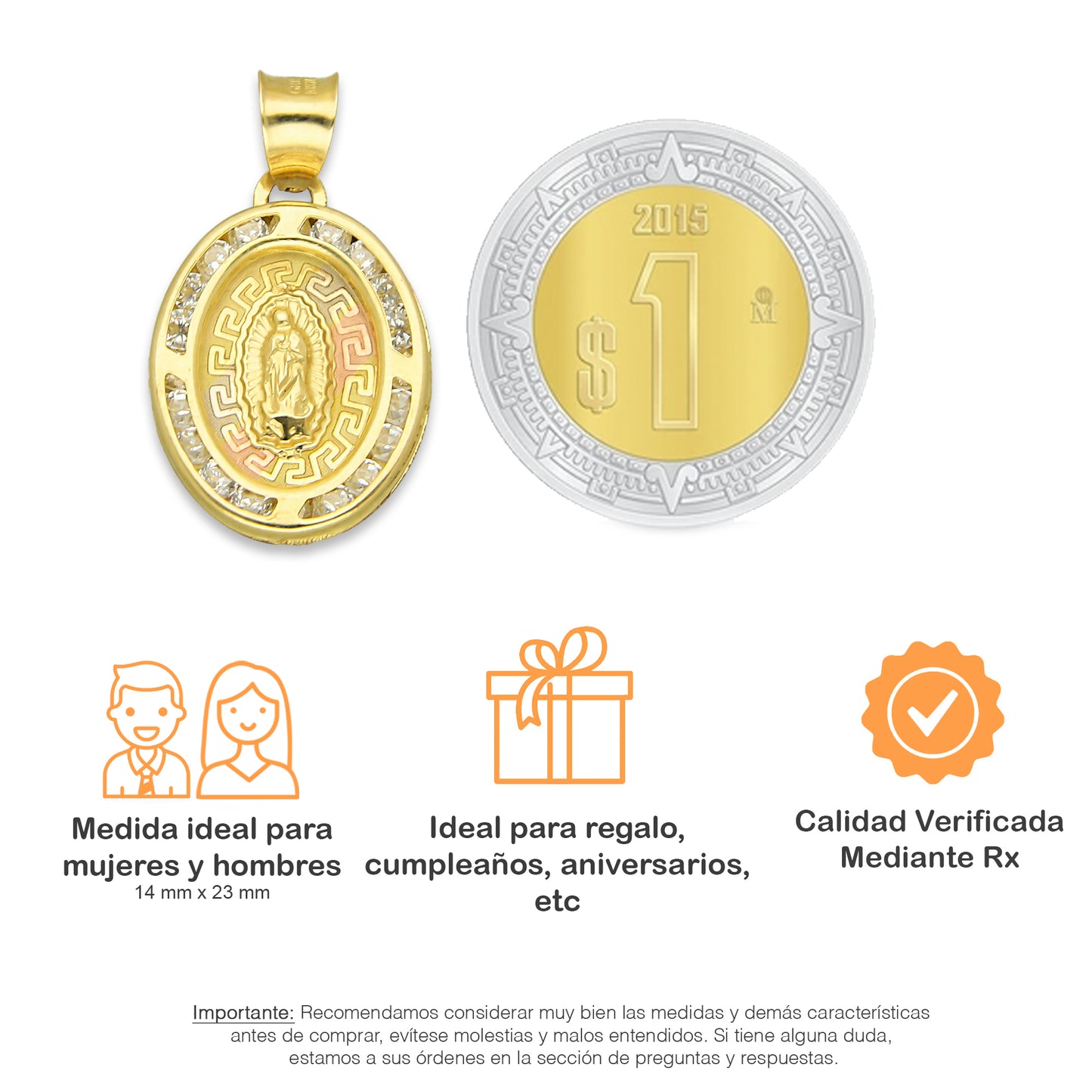 LPDJAU002 Dije Medalla Oro Sólido 10K Virgen Oval con Zirconias Grecas Florentino 1.4 cm x 2.3 cm