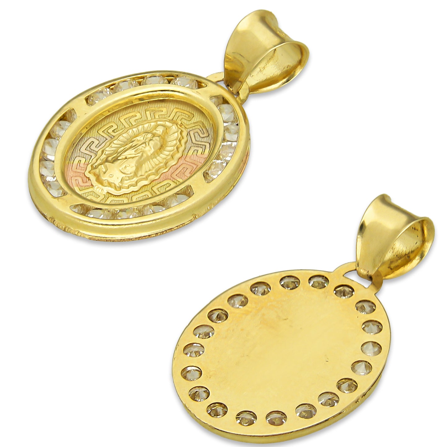 LPDJAU002 Dije Medalla Oro Sólido 10K Virgen Oval con Zirconias Grecas Florentino 1.4 cm x 2.3 cm