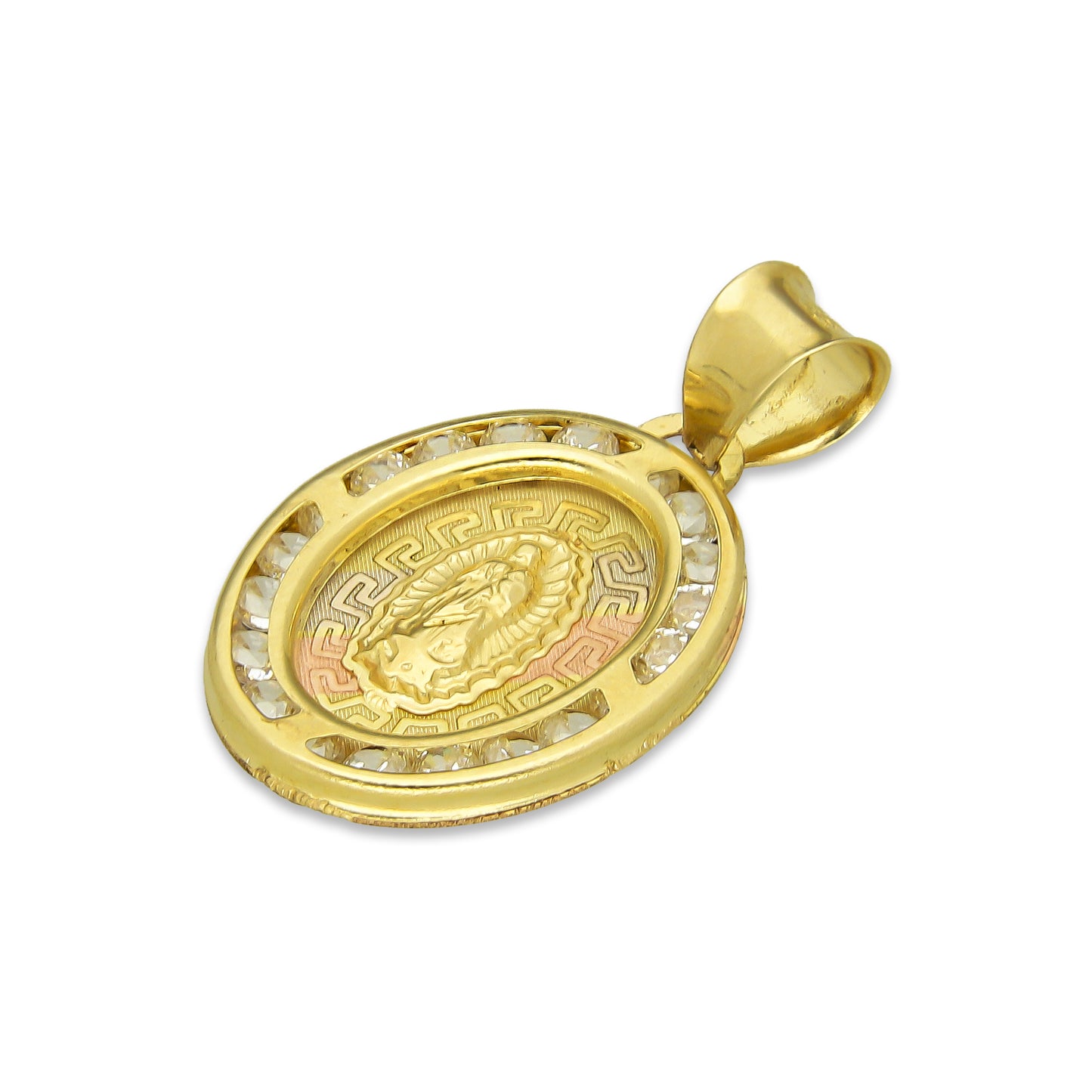 LPDJAU002 Dije Medalla Oro Sólido 10K Virgen Oval con Zirconias Grecas Florentino 1.4 cm x 2.3 cm