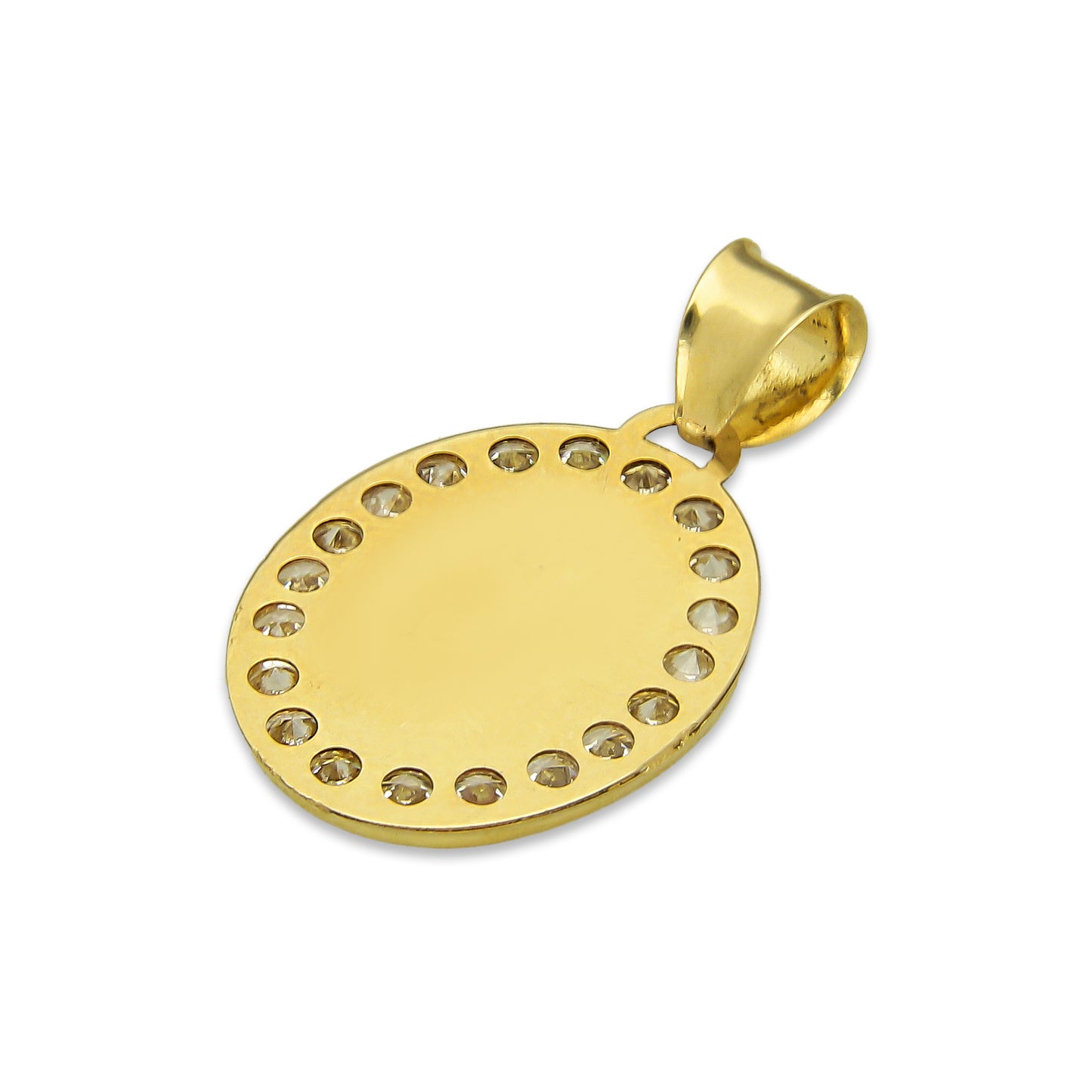 LPDJAU002 Dije Medalla Oro Sólido 10K Virgen Oval con Zirconias Grecas Florentino 1.4 cm x 2.3 cm