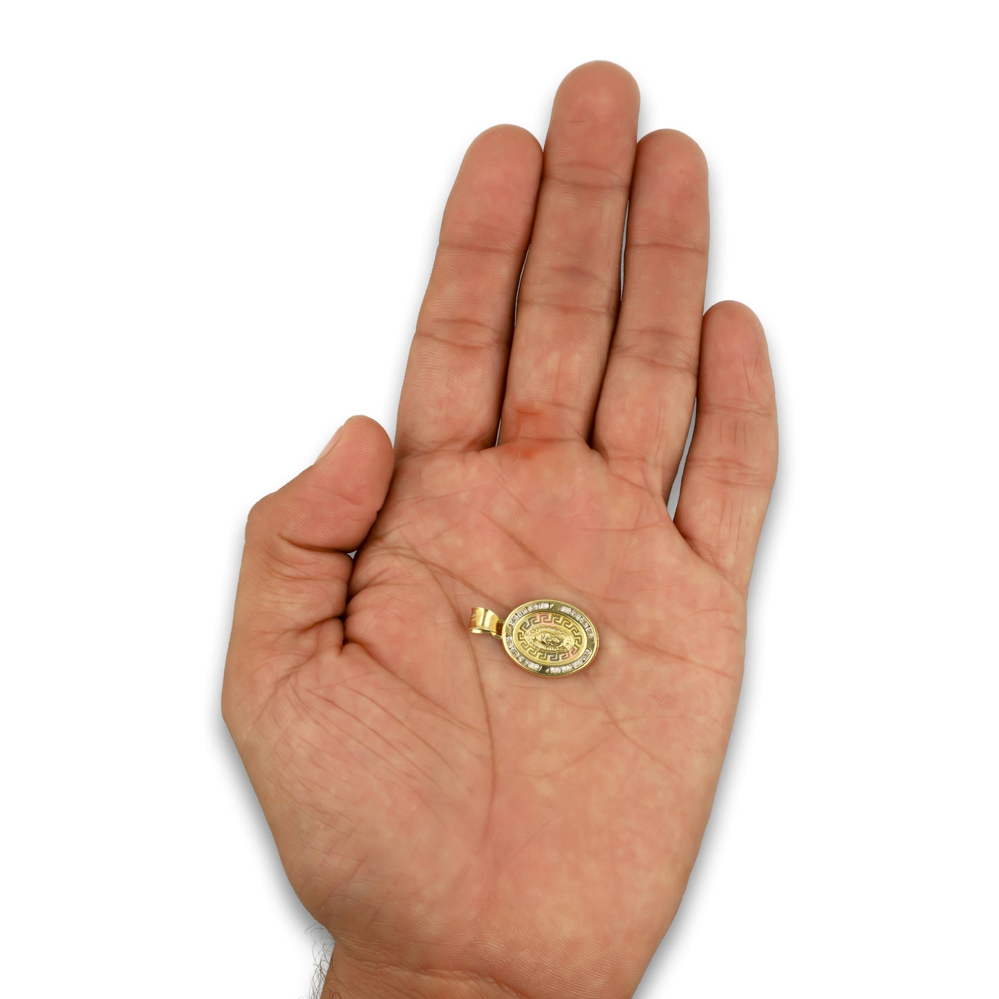 LPDJAU002 Dije Medalla Oro Sólido 10K Virgen Oval con Zirconias Grecas Florentino 1.4 cm x 2.3 cm
