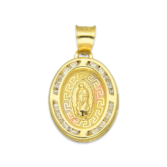 LPDJAU002 Dije Medalla Oro Sólido 10K Virgen Oval con Zirconias Grecas Florentino 1.4 cm x 2.3 cm