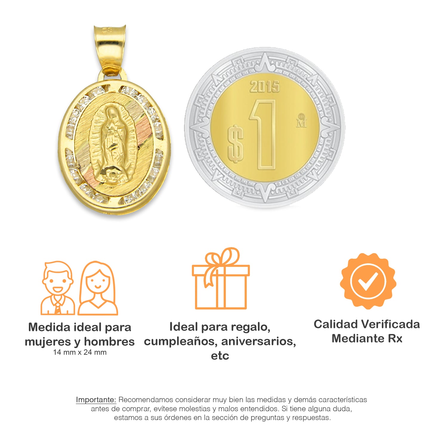LPDJAU003 Dije Medalla Oro Sólido 10K Virgen Oval con Zirconias Abultado Florentino 1.4 cm x 2.4 cm