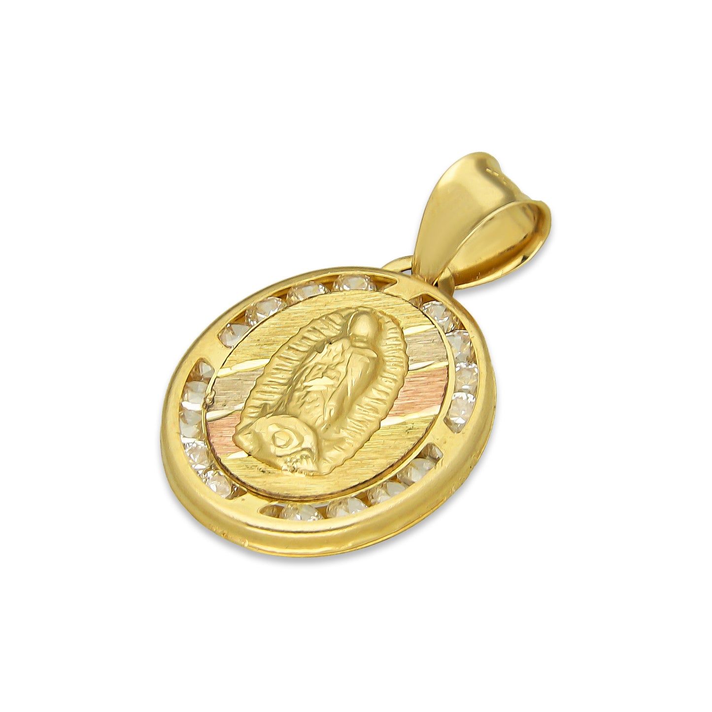 LPDJAU003 Dije Medalla Oro Sólido 10K Virgen Oval con Zirconias Abultado Florentino 1.4 cm x 2.4 cm