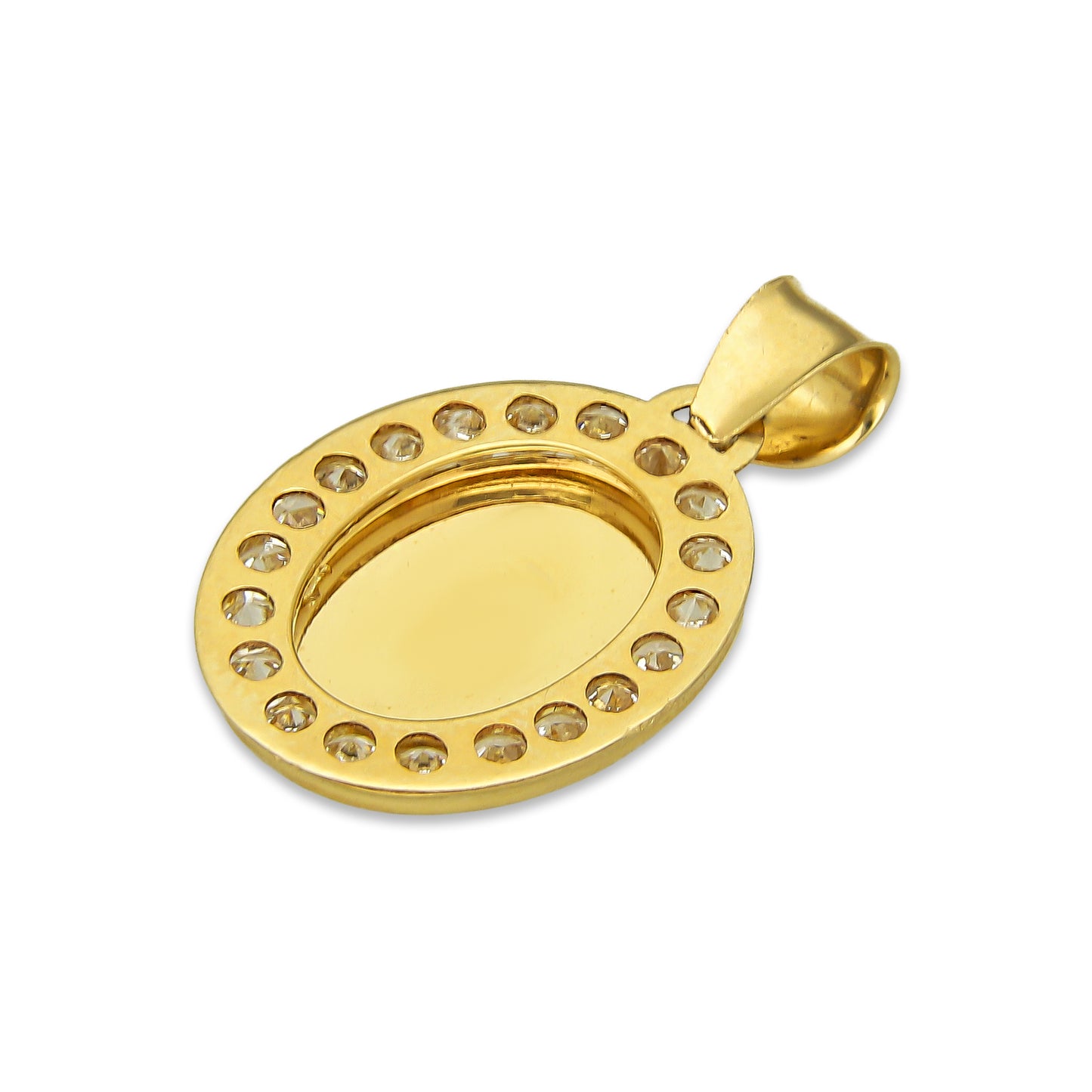 LPDJAU003 Dije Medalla Oro Sólido 10K Virgen Oval con Zirconias Abultado Florentino 1.4 cm x 2.4 cm