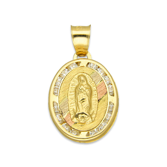 LPDJAU003 Dije Medalla Oro Sólido 10K Virgen Oval con Zirconias Abultado Florentino 1.4 cm x 2.4 cm