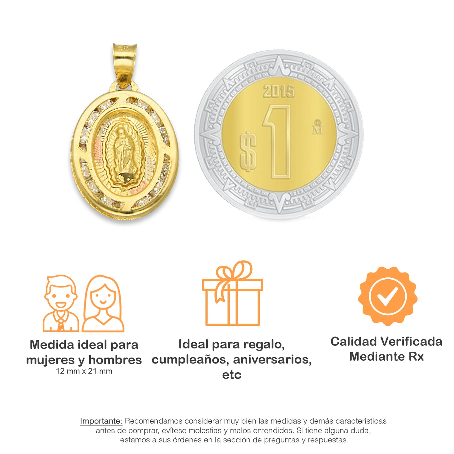 LPDJAU004 Dije Medalla Oro Sólido 10K Virgen Oval con Zirconias Radial Florentino 1.2 cm x 2.1 cm