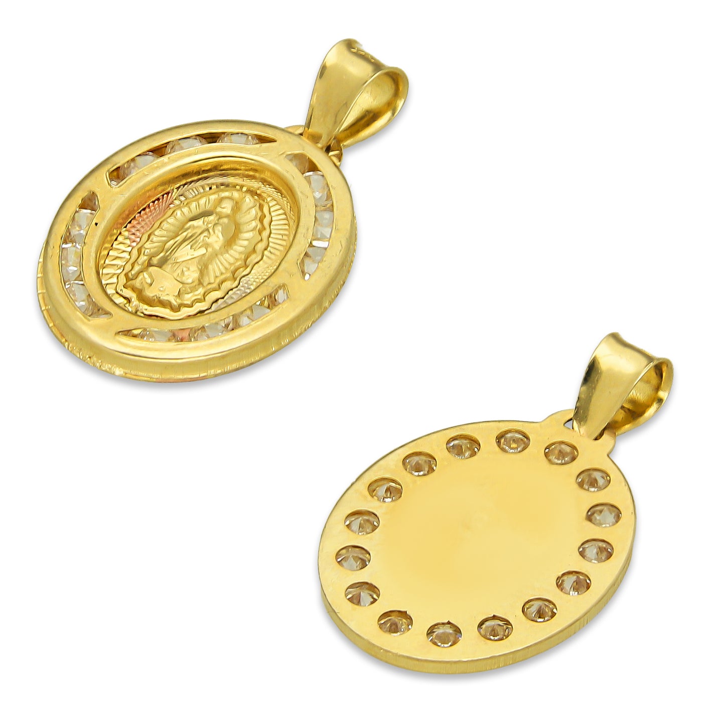 LPDJAU004 Dije Medalla Oro Sólido 10K Virgen Oval con Zirconias Radial Florentino 1.2 cm x 2.1 cm