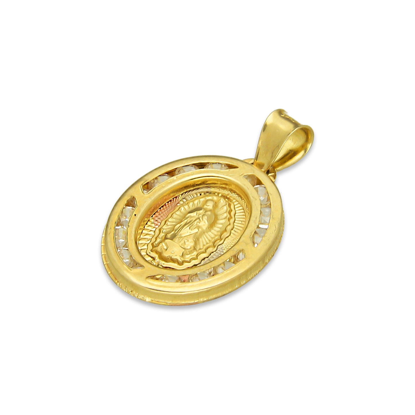 LPDJAU004 Dije Medalla Oro Sólido 10K Virgen Oval con Zirconias Radial Florentino 1.2 cm x 2.1 cm