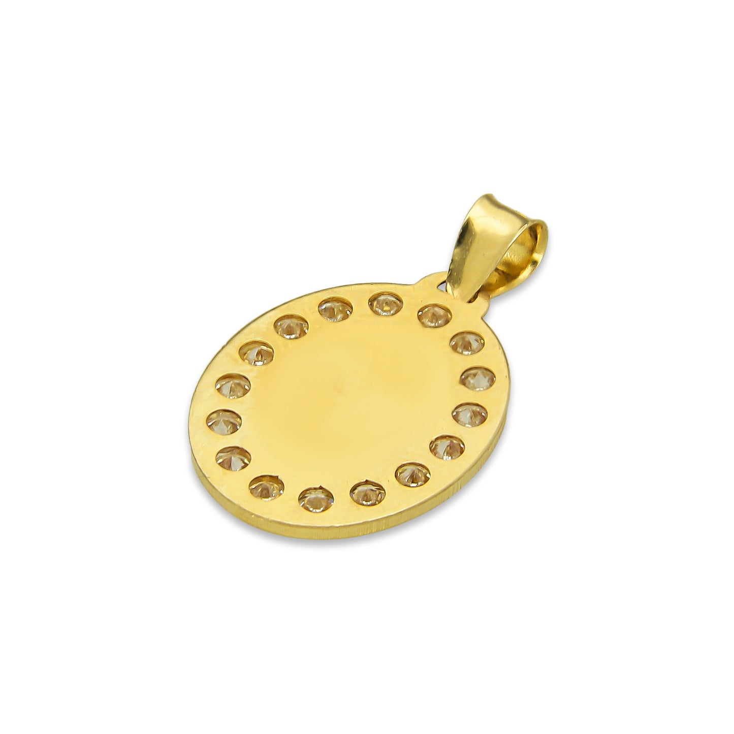 LPDJAU004 Dije Medalla Oro Sólido 10K Virgen Oval con Zirconias Radial Florentino 1.2 cm x 2.1 cm