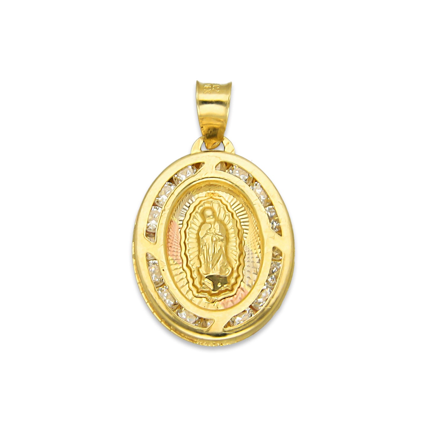 LPDJAU004 Dije Medalla Oro Sólido 10K Virgen Oval con Zirconias Radial Florentino 1.2 cm x 2.1 cm