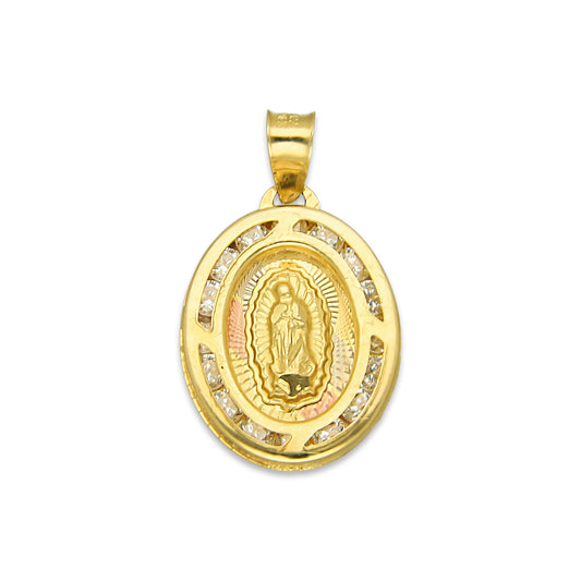 LPDJAU004 Dije Medalla Oro Sólido 10K Virgen Oval con Zirconias Radial Florentino 1.2 cm x 2.1 cm