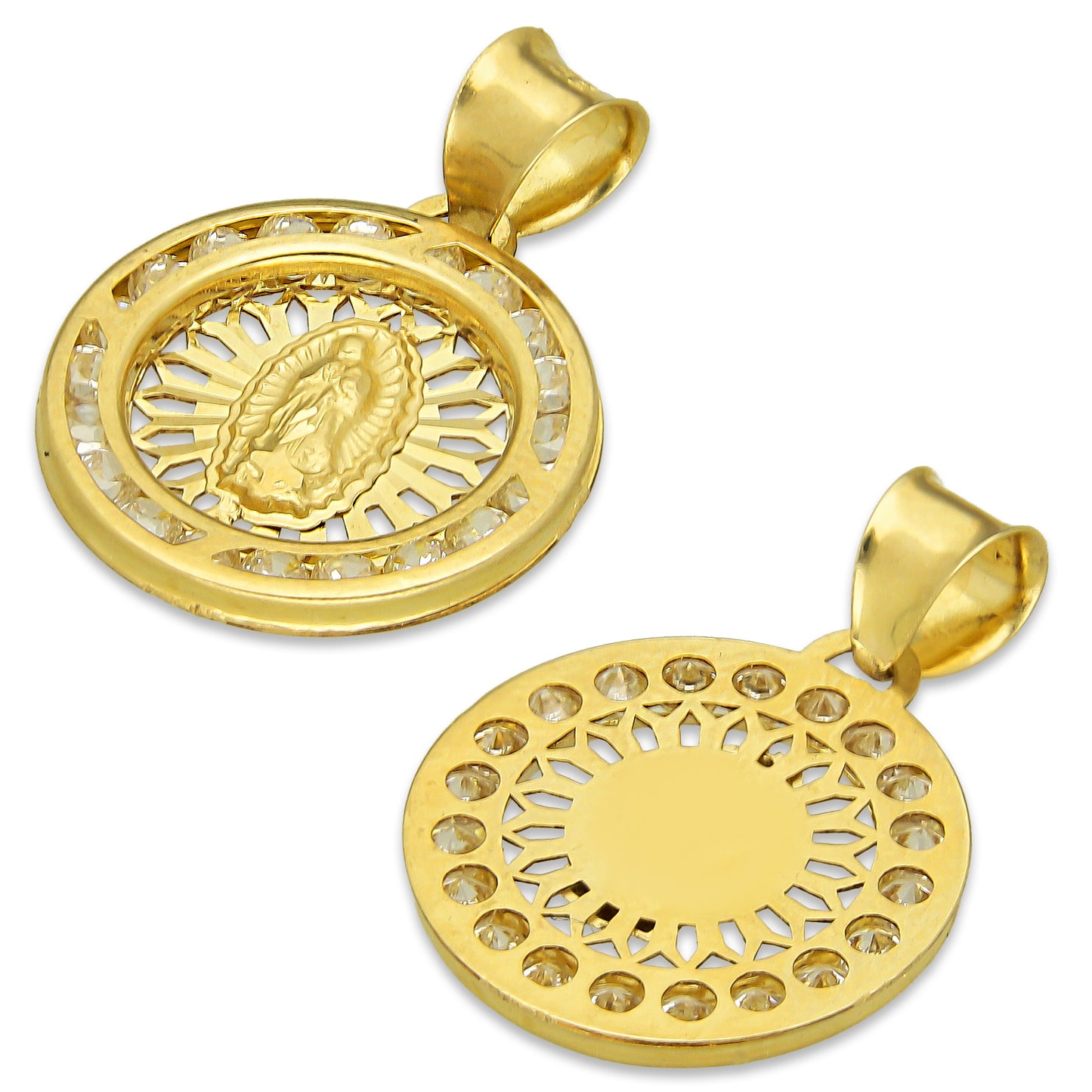 LPDJAU005 Dije Medalla Oro Sólido 10K Virgen Redonda con Zirconias Radial Calado Amarillo 1.6 cm x 2.2 cm