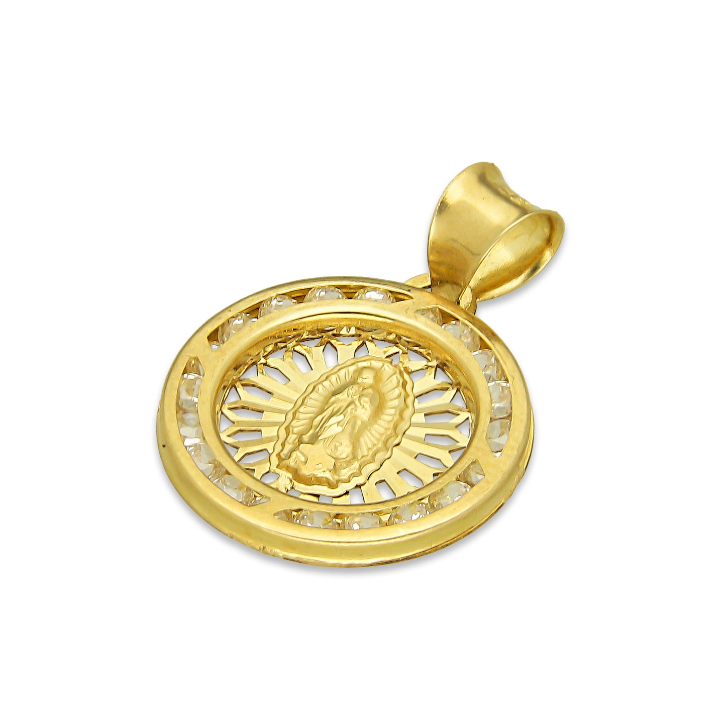 LPDJAU005 Dije Medalla Oro Sólido 10K Virgen Redonda con Zirconias Radial Calado Amarillo 1.6 cm x 2.2 cm