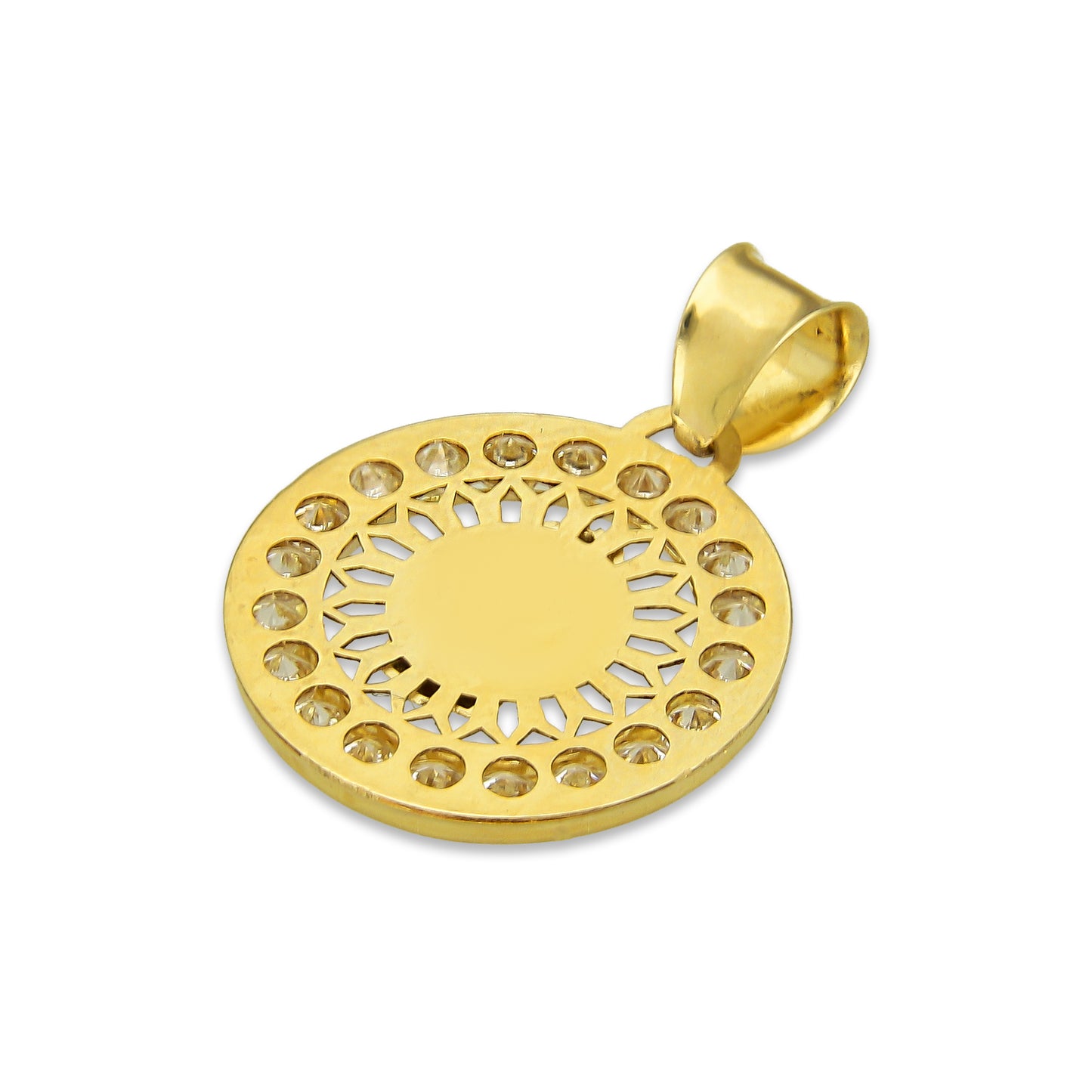 LPDJAU005 Dije Medalla Oro Sólido 10K Virgen Redonda con Zirconias Radial Calado Amarillo 1.6 cm x 2.2 cm