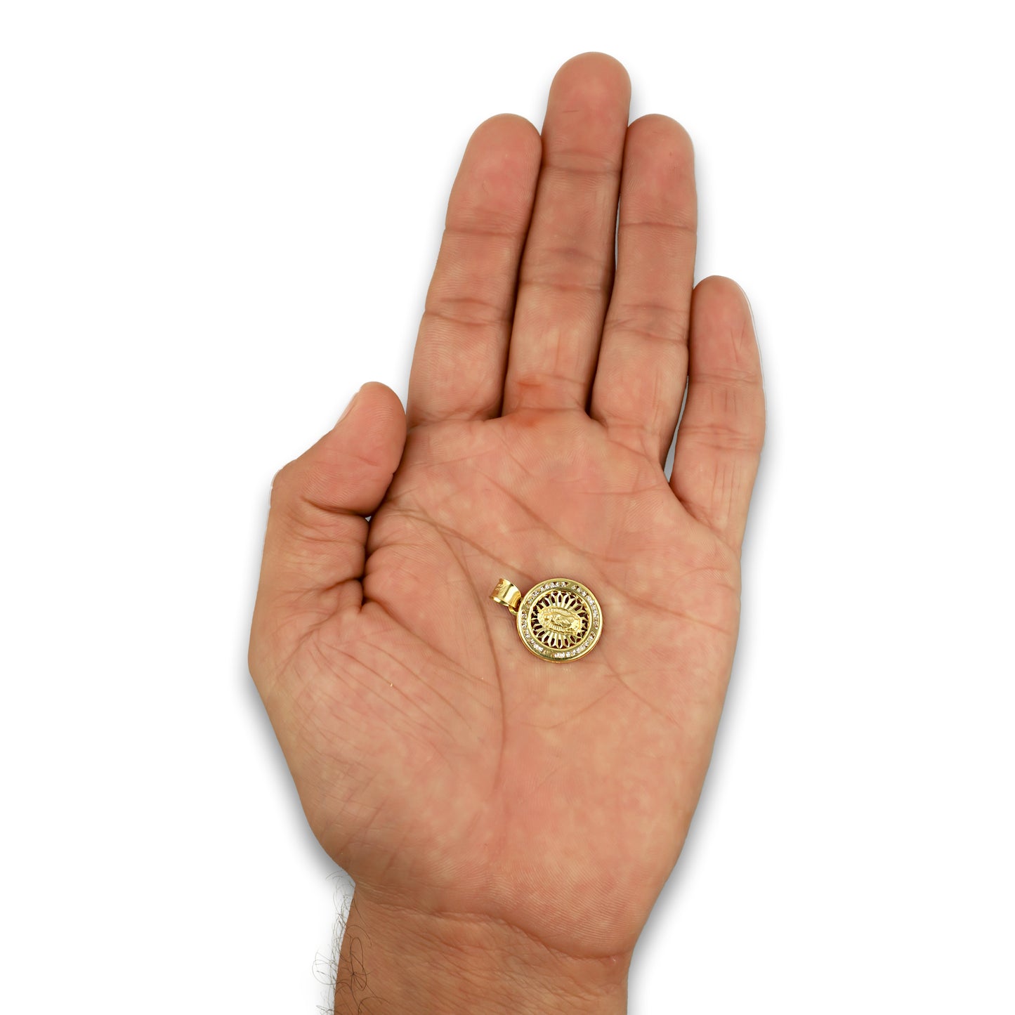 LPDJAU005 Dije Medalla Oro Sólido 10K Virgen Redonda con Zirconias Radial Calado Amarillo 1.6 cm x 2.2 cm