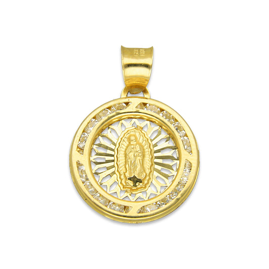 LPDJAU005 Dije Medalla Oro Sólido 10K Virgen Redonda con Zirconias Radial Calado Amarillo 1.6 cm x 2.2 cm