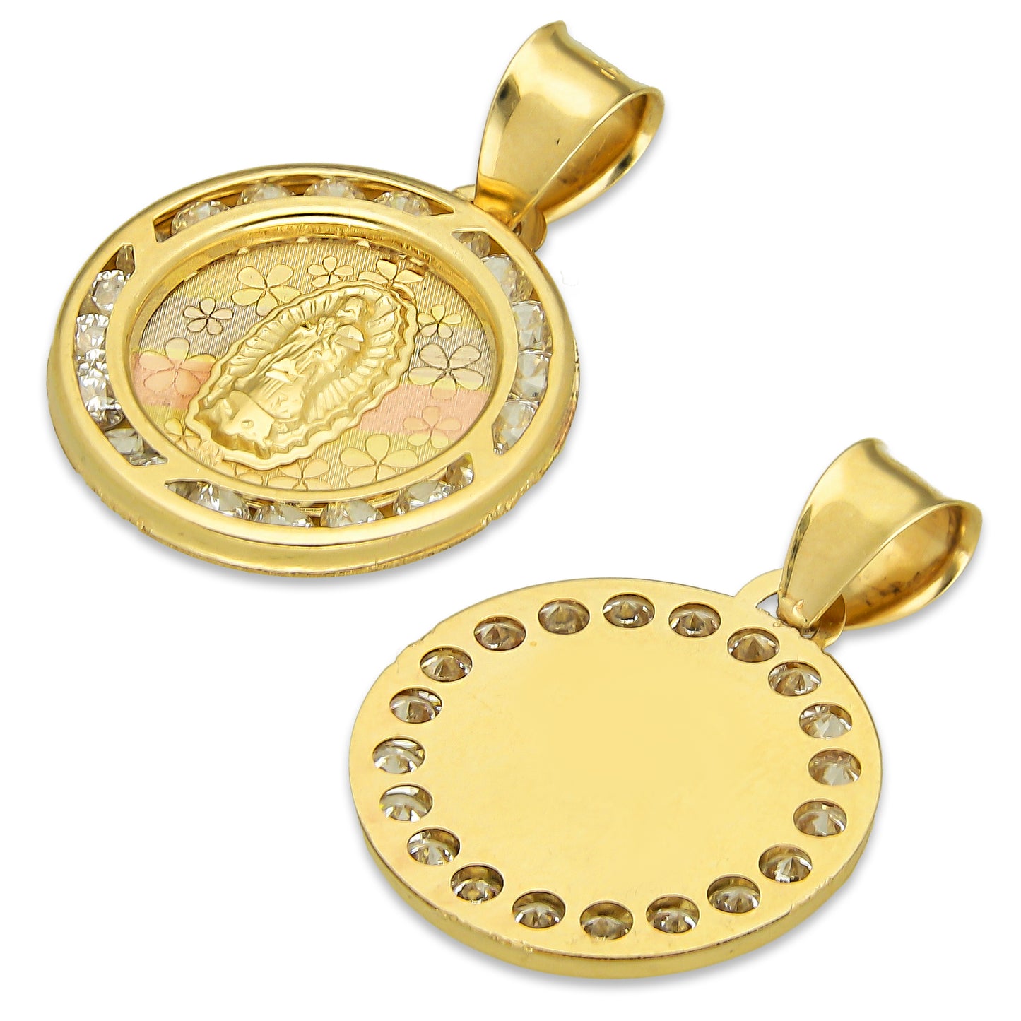 LPDJAU006 Dije Medalla Oro Sólido 10K Virgen Redonda con Zirconias Flores Florentino 1.6 cm x 2.2 cm