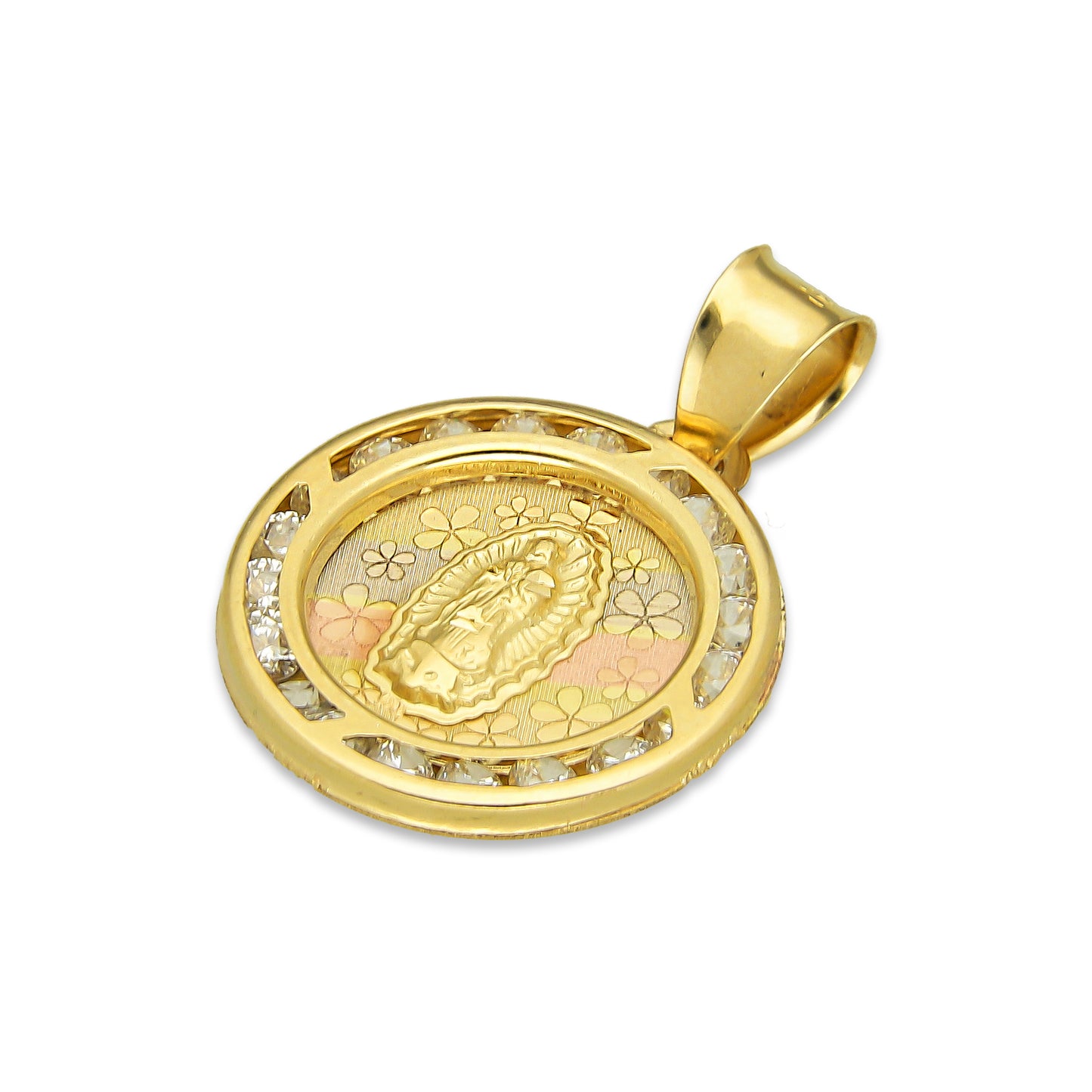 LPDJAU006 Dije Medalla Oro Sólido 10K Virgen Redonda con Zirconias Flores Florentino 1.6 cm x 2.2 cm