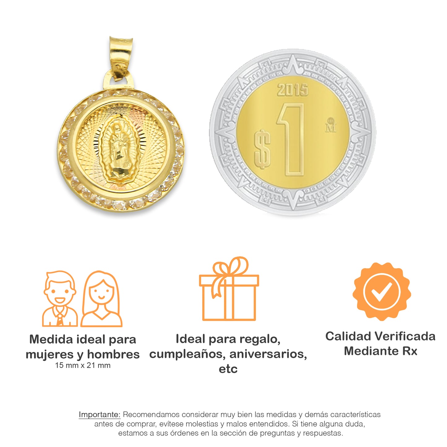 LPDJAU007 Dije Medalla Oro Sólido 10K Virgen Redonda con Zirconias Radial Florentino 1.5 cm x 2.1 cm