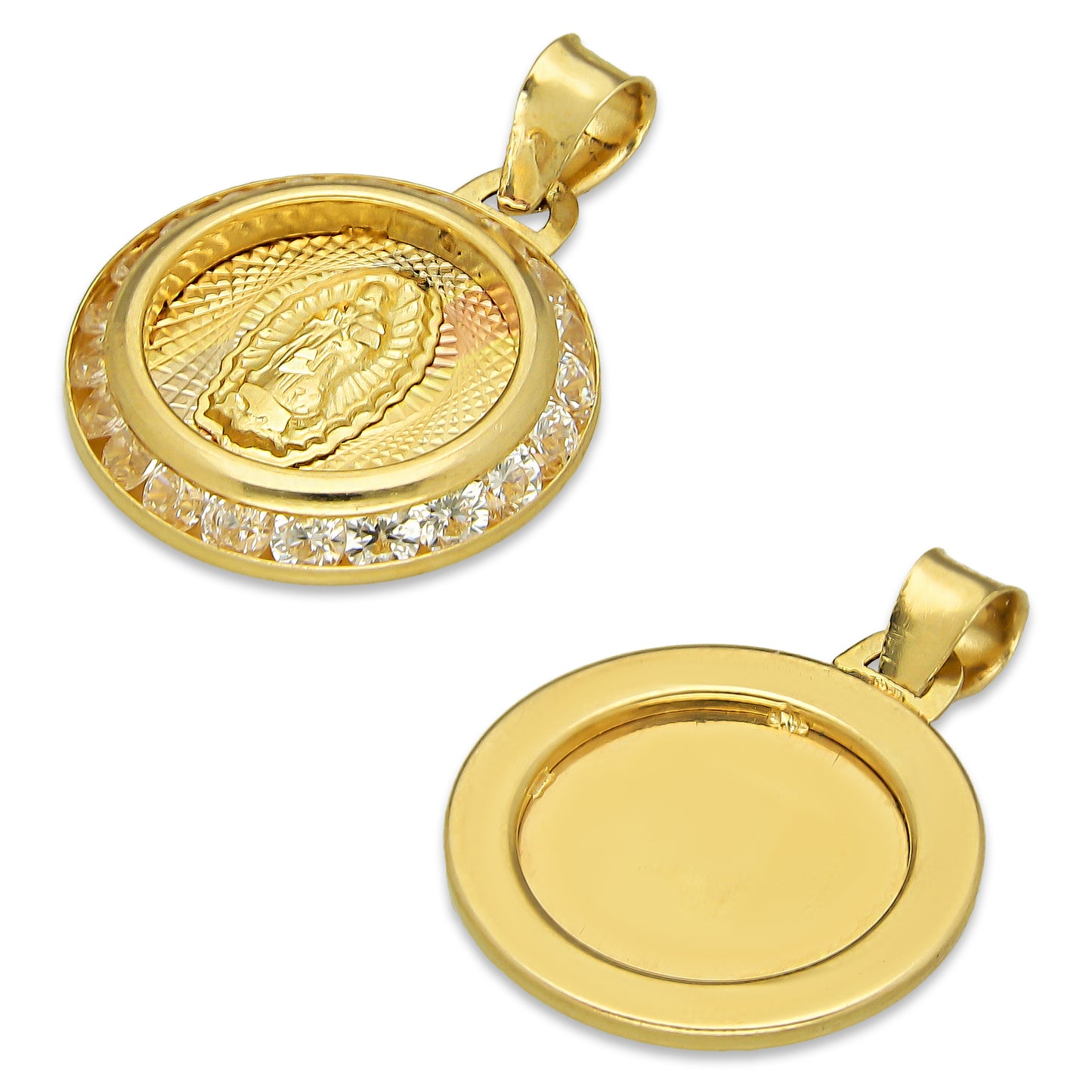 LPDJAU007 Dije Medalla Oro Sólido 10K Virgen Redonda con Zirconias Radial Florentino 1.5 cm x 2.1 cm