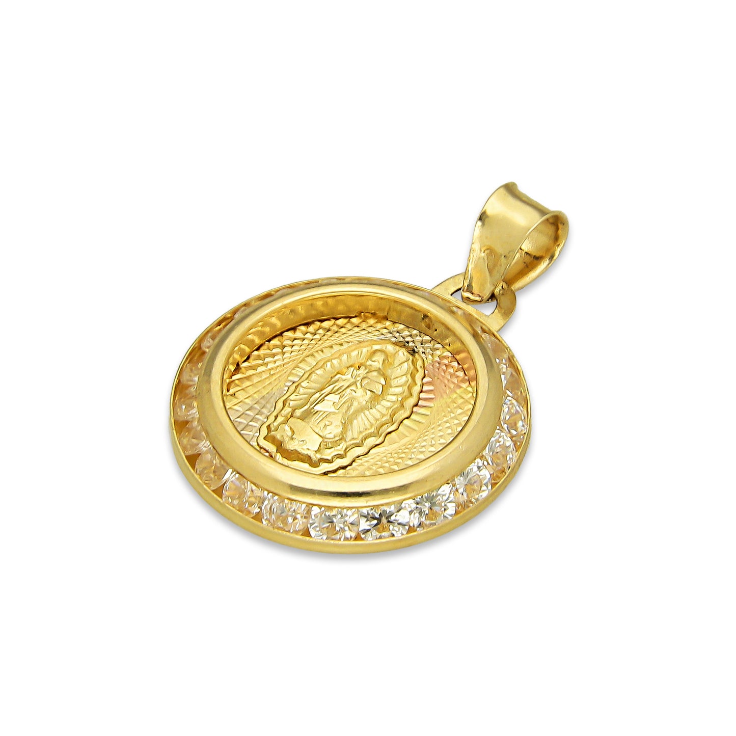 LPDJAU007 Dije Medalla Oro Sólido 10K Virgen Redonda con Zirconias Radial Florentino 1.5 cm x 2.1 cm