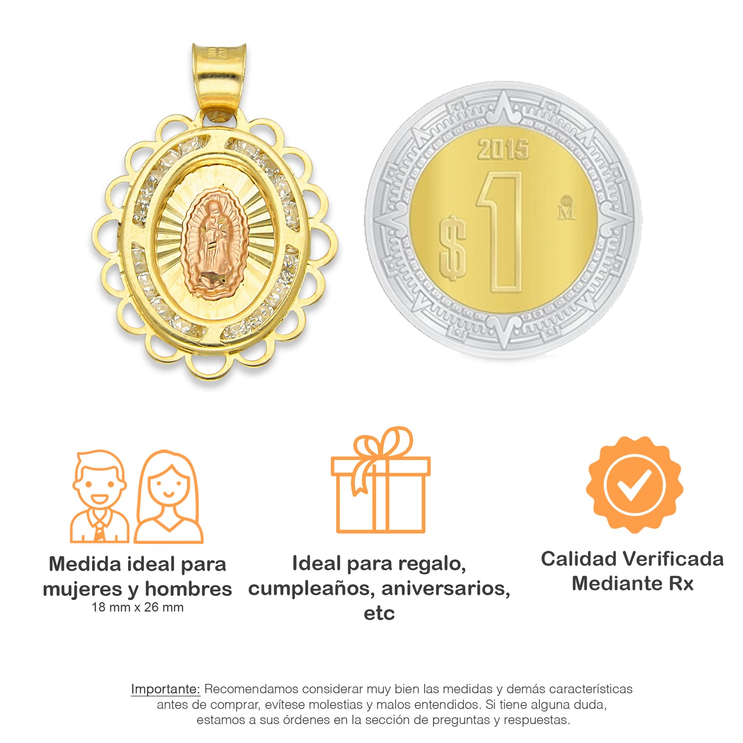 LPDJAU008 Dije Medalla Oro Sólido 10K Virgen Oval con Zirconias Olan Cobriso 1.8 cm x 2.6 cm