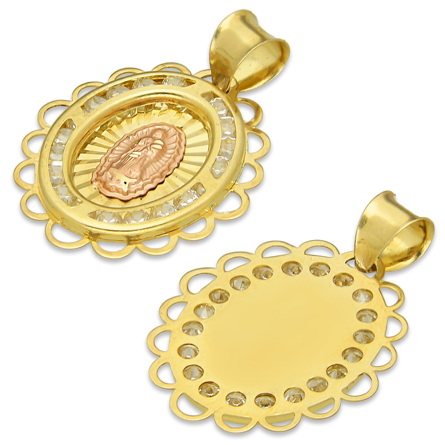 LPDJAU008 Dije Medalla Oro Sólido 10K Virgen Oval con Zirconias Olan Cobriso 1.8 cm x 2.6 cm