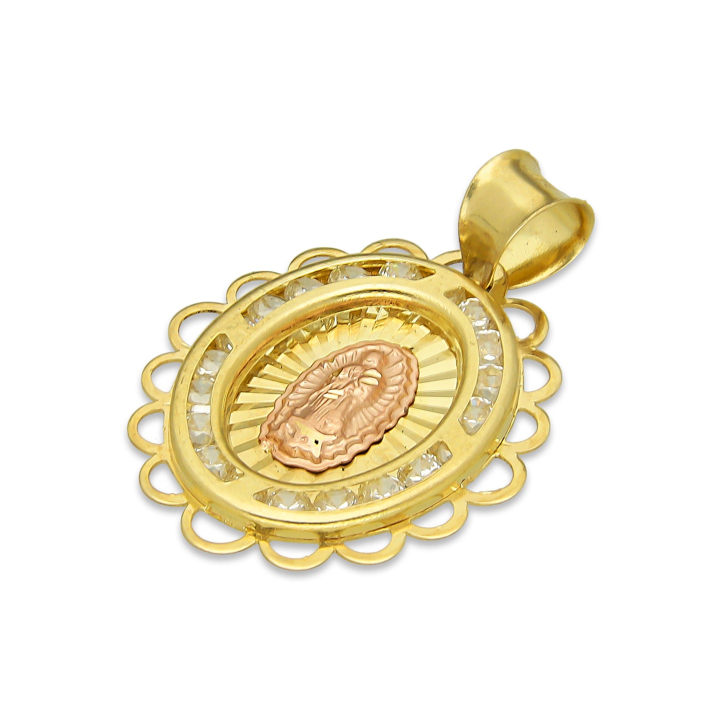 LPDJAU008 Dije Medalla Oro Sólido 10K Virgen Oval con Zirconias Olan Cobriso 1.8 cm x 2.6 cm