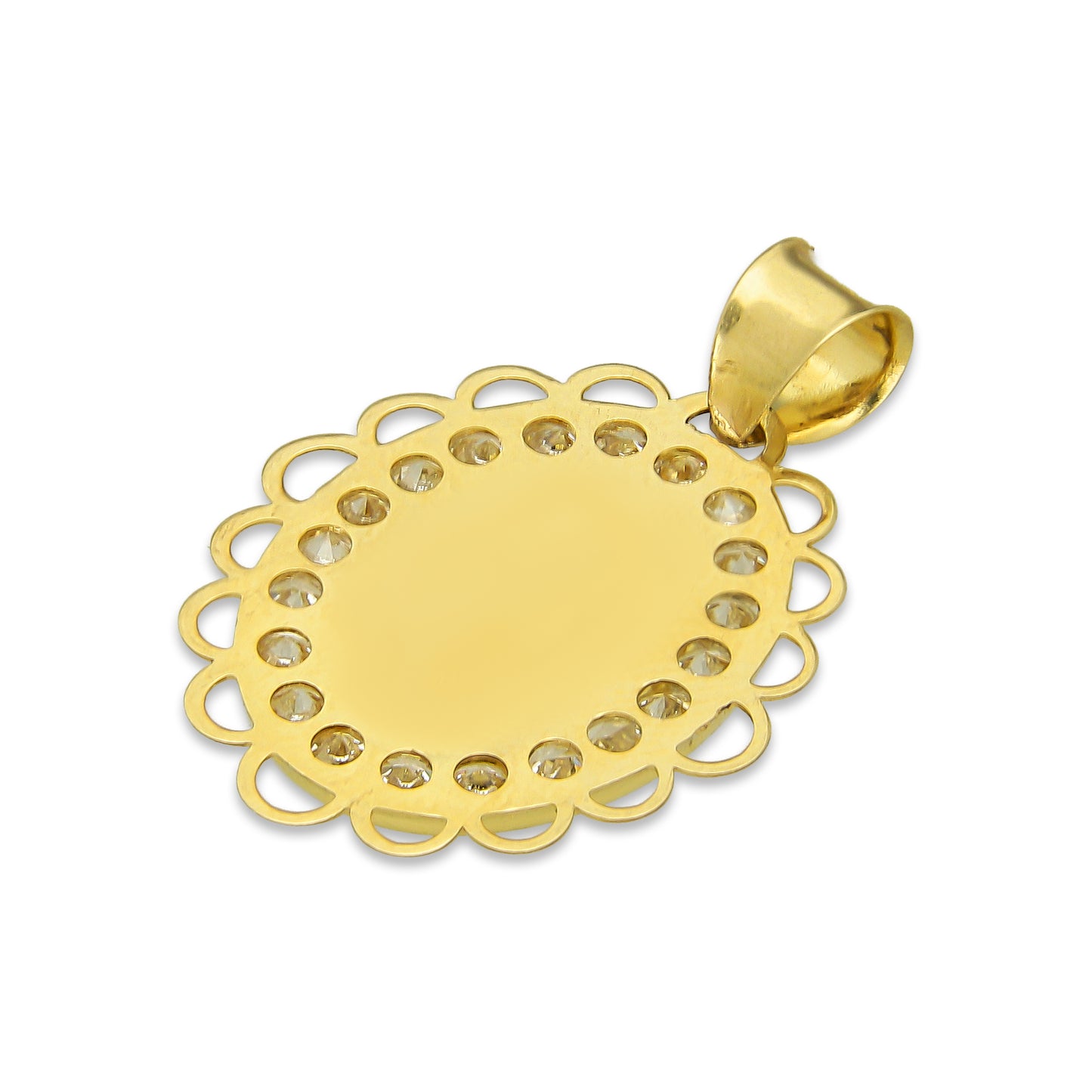 LPDJAU008 Dije Medalla Oro Sólido 10K Virgen Oval con Zirconias Olan Cobriso 1.8 cm x 2.6 cm