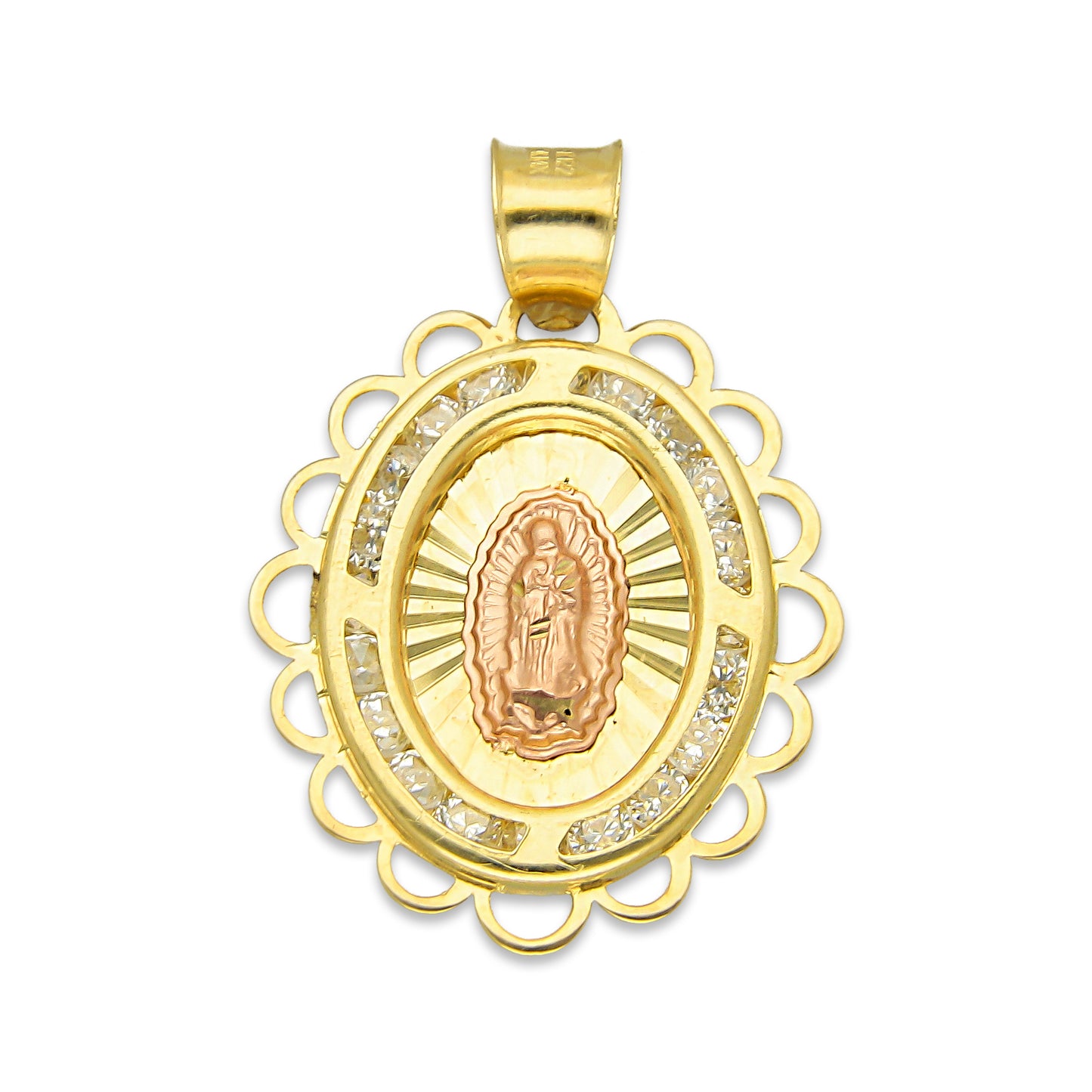 LPDJAU008 Dije Medalla Oro Sólido 10K Virgen Oval con Zirconias Olan Cobriso 1.8 cm x 2.6 cm
