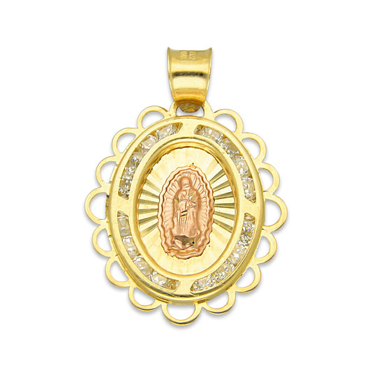 LPDJAU008 Dije Medalla Oro Sólido 10K Virgen Oval con Zirconias Olan Cobriso 1.8 cm x 2.6 cm