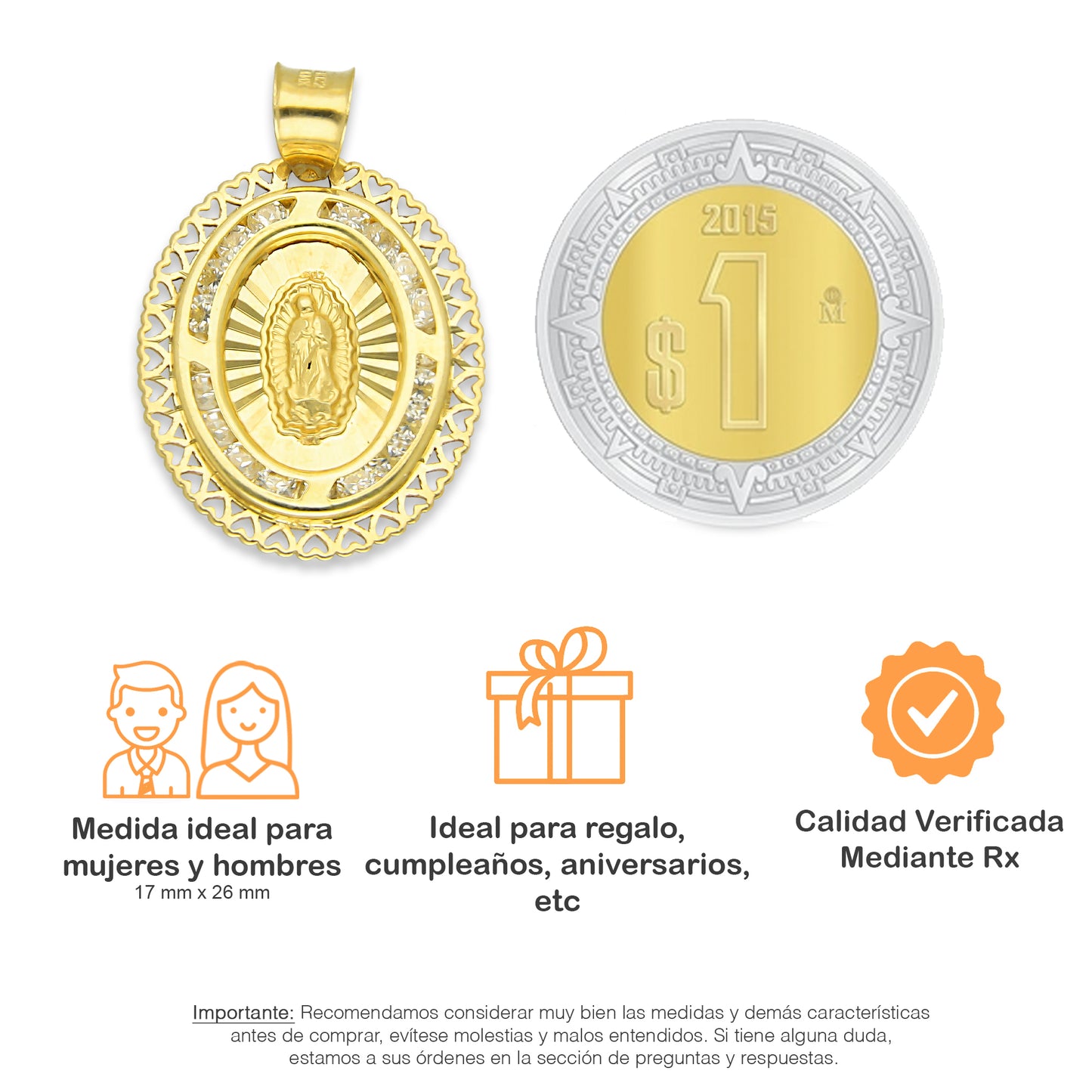 LPDJAU009 Dije Medalla Oro Sólido 10K Virgen Oval Olan con Zirconias Orilla Corazones 1.7 cm x 2.6 cm