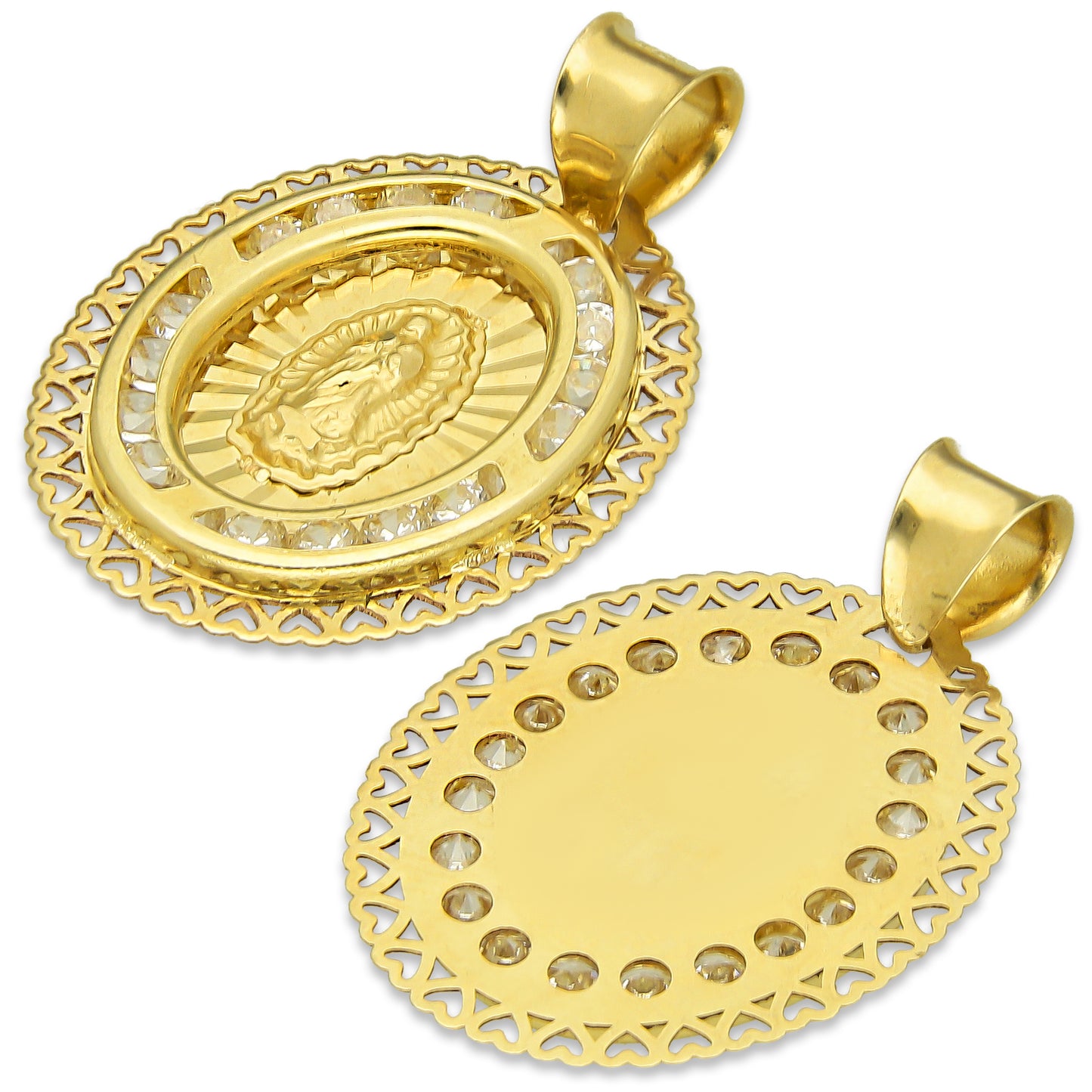 LPDJAU009 Dije Medalla Oro Sólido 10K Virgen Oval Olan con Zirconias Orilla Corazones 1.7 cm x 2.6 cm