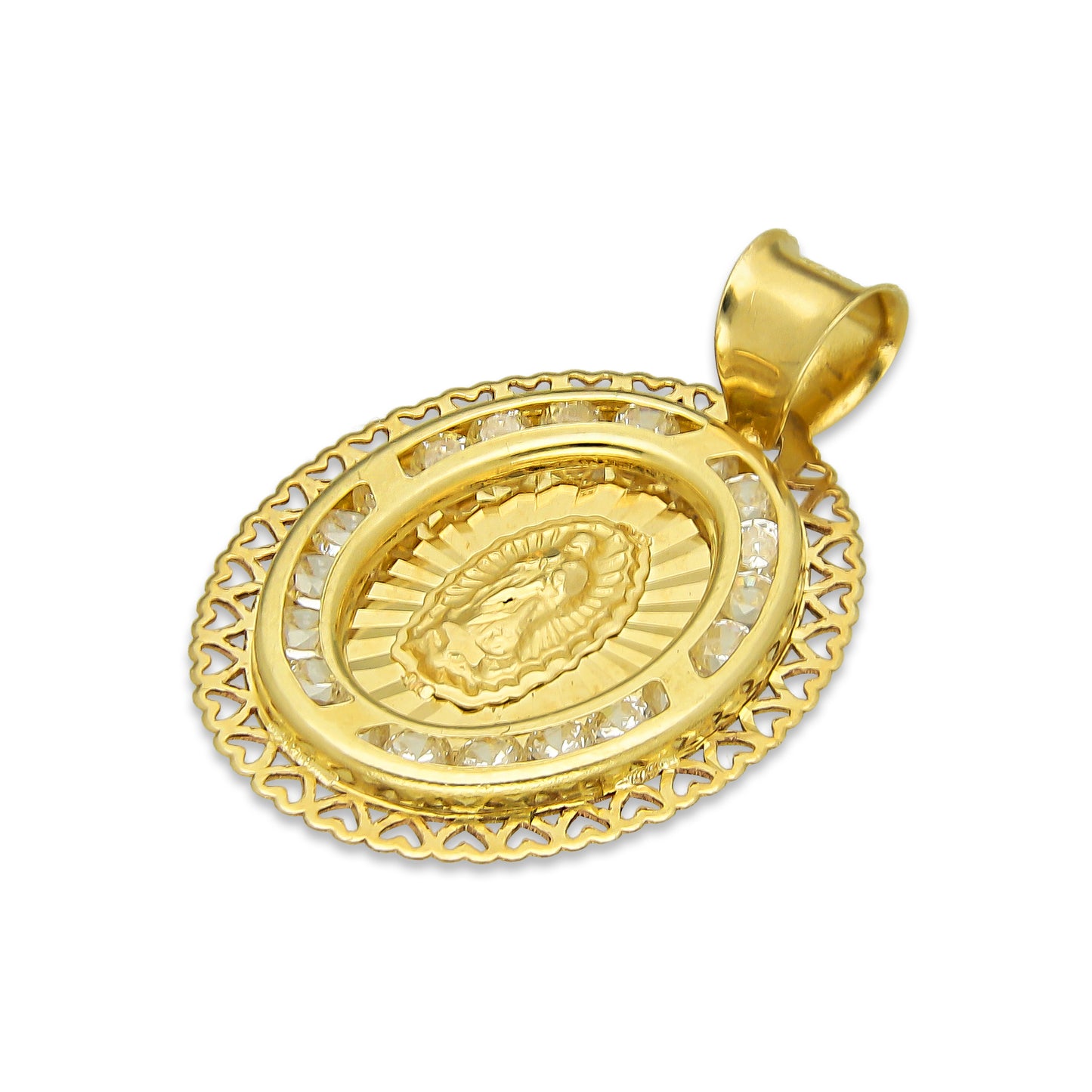LPDJAU009 Dije Medalla Oro Sólido 10K Virgen Oval Olan con Zirconias Orilla Corazones 1.7 cm x 2.6 cm