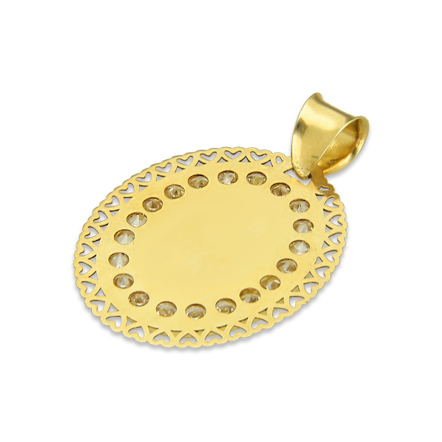 LPDJAU009 Dije Medalla Oro Sólido 10K Virgen Oval Olan con Zirconias Orilla Corazones 1.7 cm x 2.6 cm