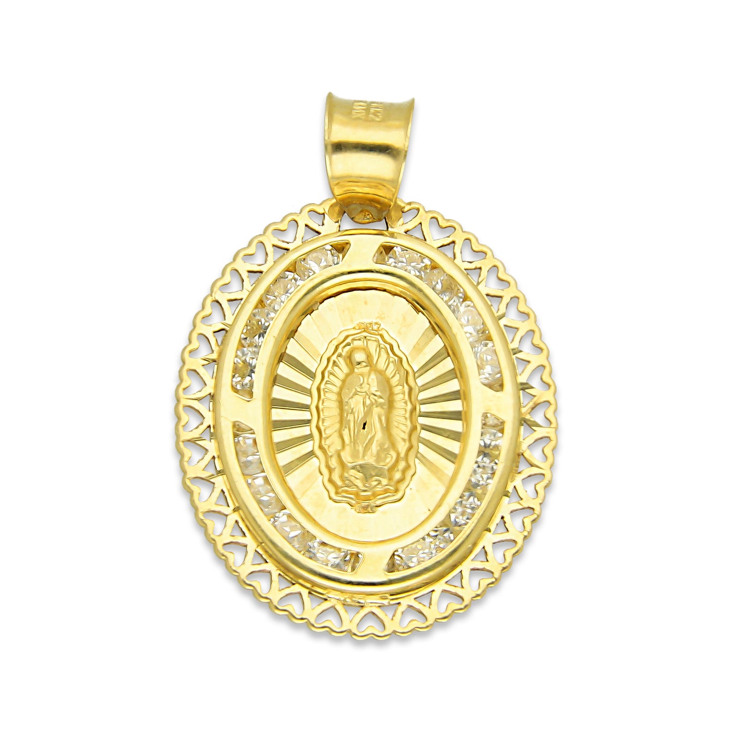 LPDJAU009 Dije Medalla Oro Sólido 10K Virgen Oval Olan con Zirconias Orilla Corazones 1.7 cm x 2.6 cm