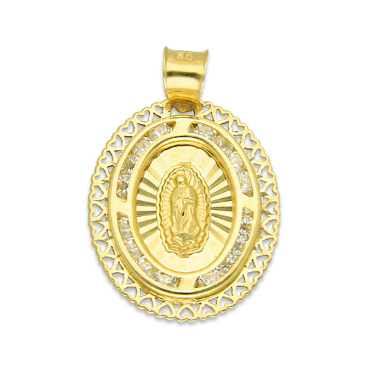 LPDJAU009 Dije Medalla Oro Sólido 10K Virgen Oval Olan con Zirconias Orilla Corazones 1.7 cm x 2.6 cm