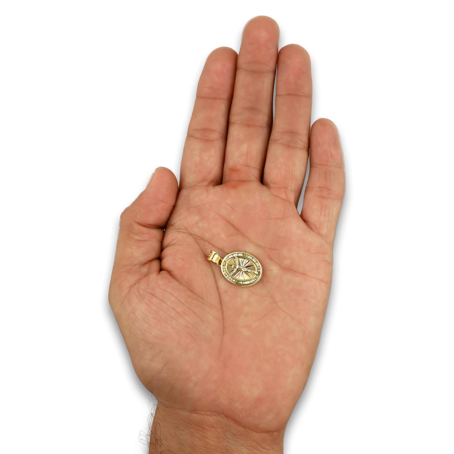 LPDJAU011 Dije Medalla Oro Sólido 10K Cristo Oval Radial Florentino 1.4 cm x 2.4 cm