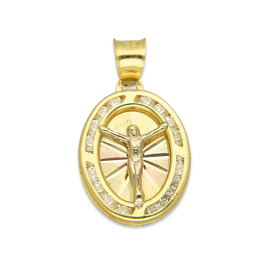 LPDJAU011 Dije Medalla Oro Sólido 10K Cristo Oval Radial Florentino 1.4 cm x 2.4 cm