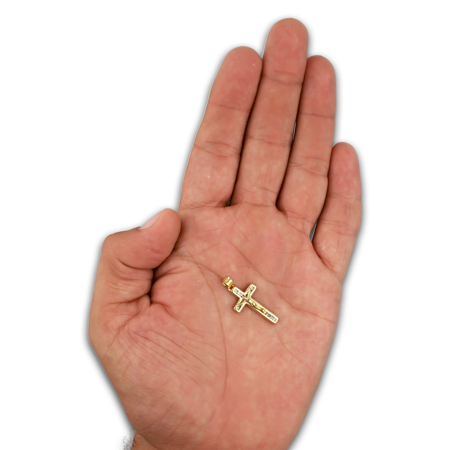 LPDJAU020 Dije Crucifijo Oro Sólido 10K Cruz Recta con Cristo con Zirconias 1.3 cm x 2.7 cm 5277311950