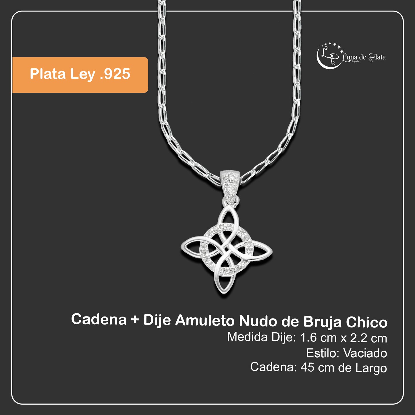 LPDP120 Cadena + Dije Amuleto Nudo de Bruja Chico en Plata .925 Taxco Gro