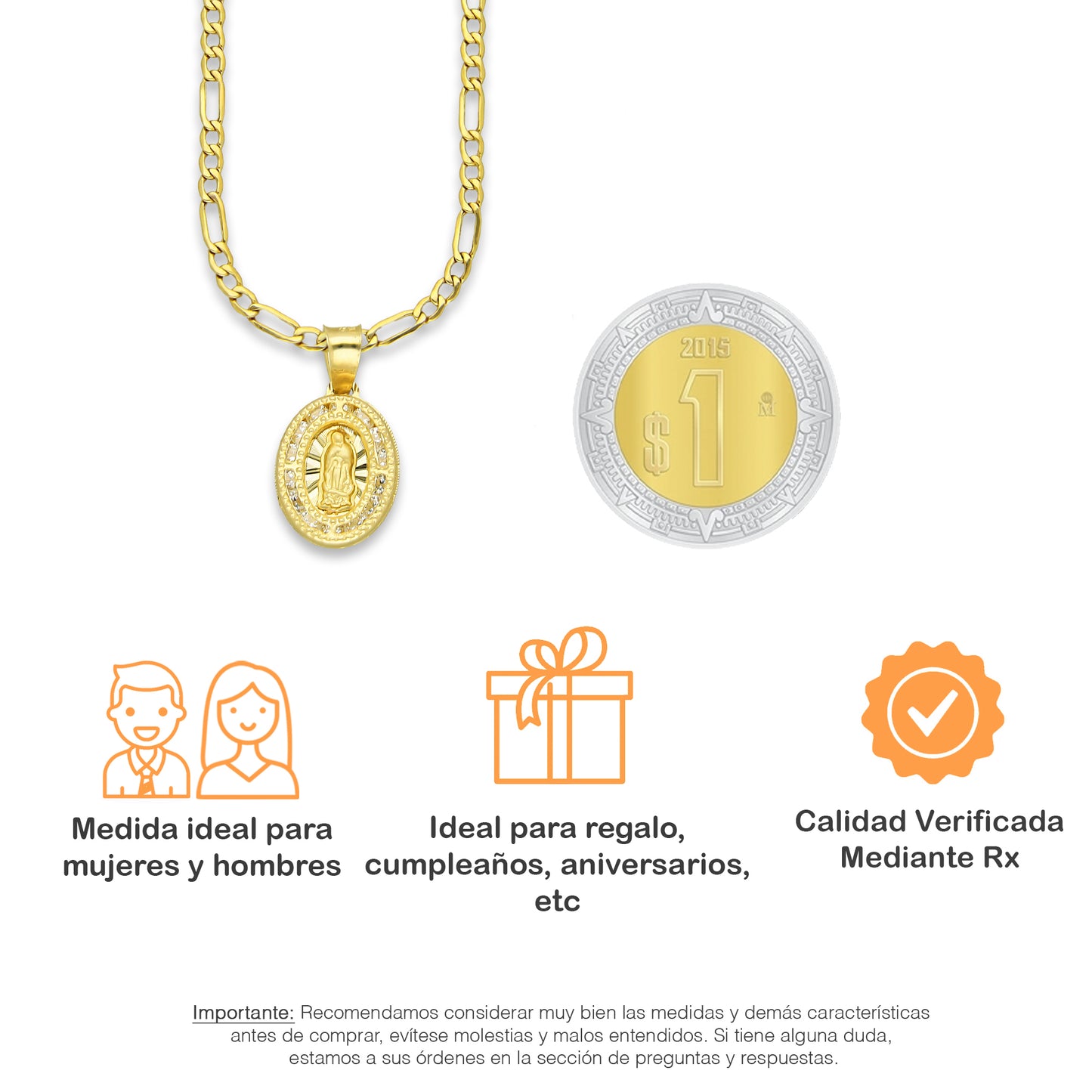 LPDPAU007 Cadena Oro Sólido 10K + Dije Medalla Oro Sólido 10K Virgen Oval Zirc Perl .9 cm x 1.7 cm