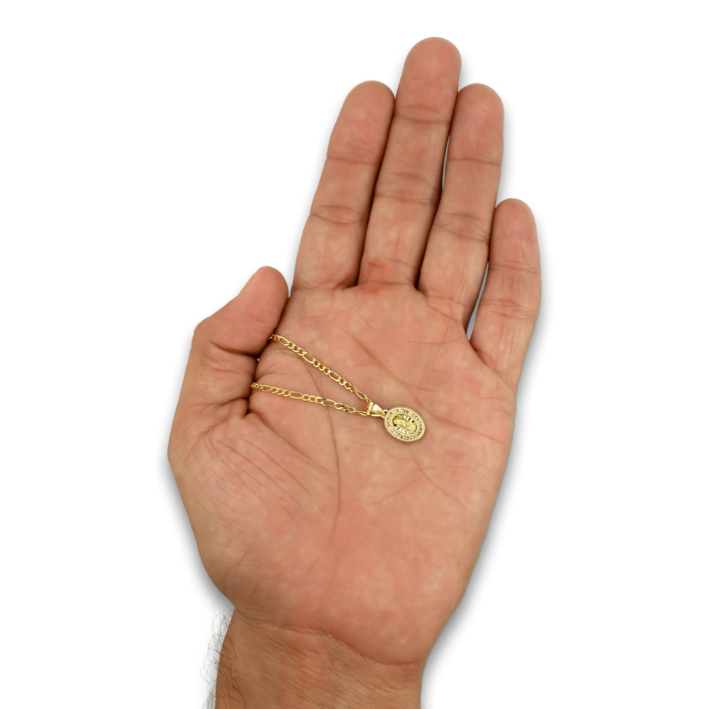 LPDPAU007 Cadena Oro Sólido 10K + Dije Medalla Oro Sólido 10K Virgen Oval Zirc Perl .9 cm x 1.7 cm