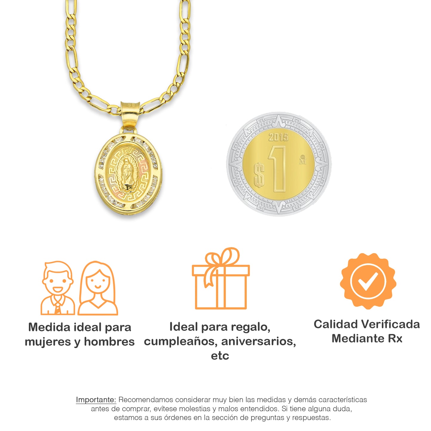 LPDPAU008 Cadena Oro Sólido 10K + Dije Medalla Oro Sólido 10K Virgen Oval con Zirconias Grecas Florentino 1.4 cm x 2.3 cm