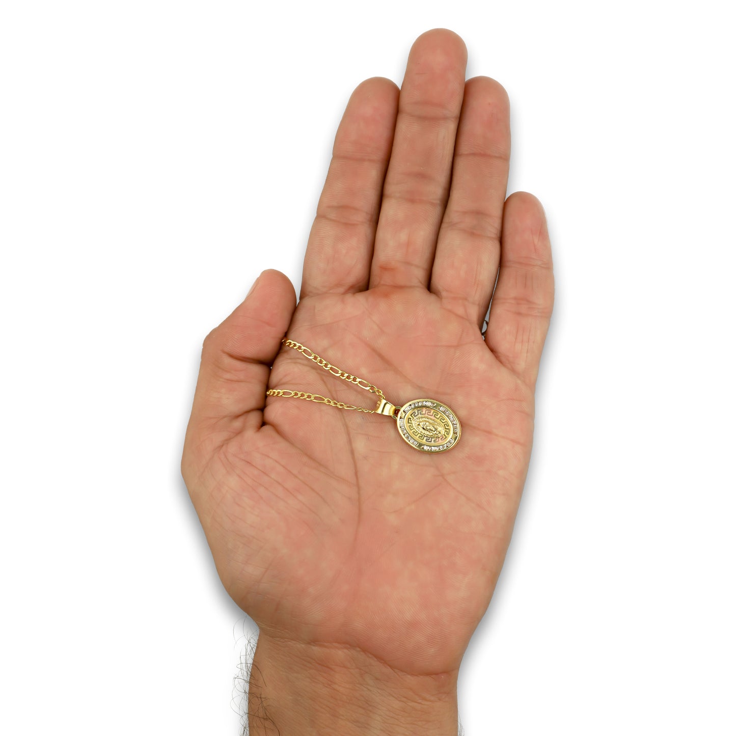 LPDPAU008 Cadena Oro Sólido 10K + Dije Medalla Oro Sólido 10K Virgen Oval con Zirconias Grecas Florentino 1.4 cm x 2.3 cm
