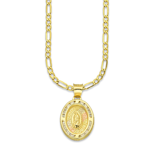 LPDPAU008 Cadena Oro Sólido 10K + Dije Medalla Oro Sólido 10K Virgen Oval con Zirconias Grecas Florentino 1.4 cm x 2.3 cm