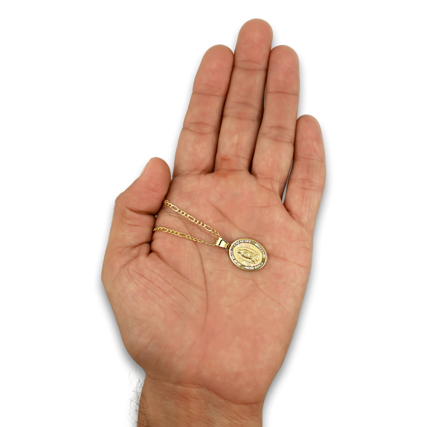 LPDPAU009 Cadena Oro Sólido 10K + Dije Medalla Oro Sólido 10K Virgen Oval con Zirconias Abultado Florentino 1.4 cm x 2.4 cm
