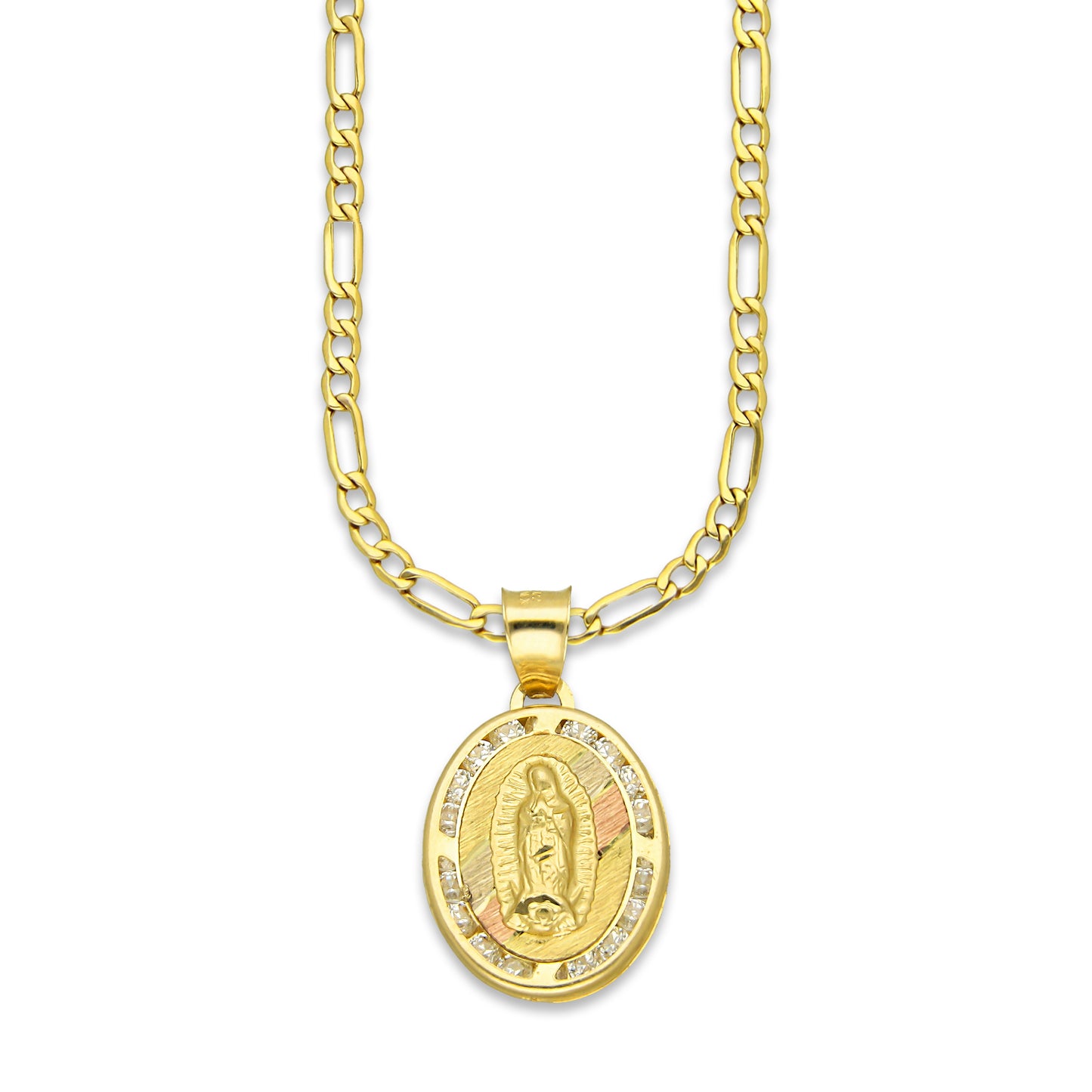 LPDPAU009 Cadena Oro Sólido 10K + Dije Medalla Oro Sólido 10K Virgen Oval con Zirconias Abultado Florentino 1.4 cm x 2.4 cm